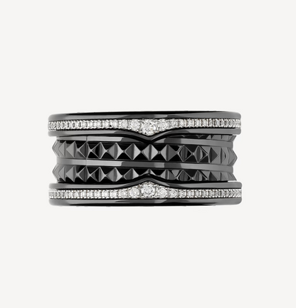 [⭐Mirelle]ZERO 1 ROCK FOUR-BAND BLACK CERAMIC WITH STUDDED SPIRAL AND PAVED DIAMONDS RING