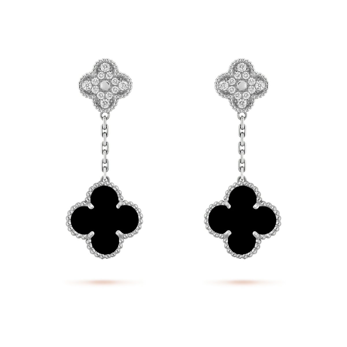 [⭐Mirelle]CLOVER 2 MOTIFS  DIAMOND ONYX EARRINGS SILVER