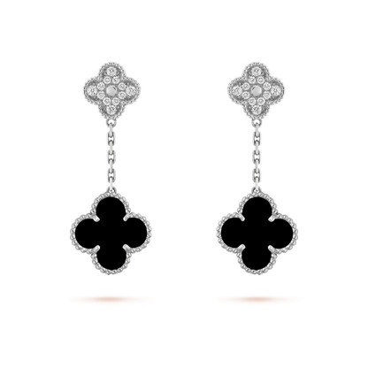 [⭐Mirelle]CLOVER 2 MOTIFS  DIAMOND ONYX EARRINGS SILVER