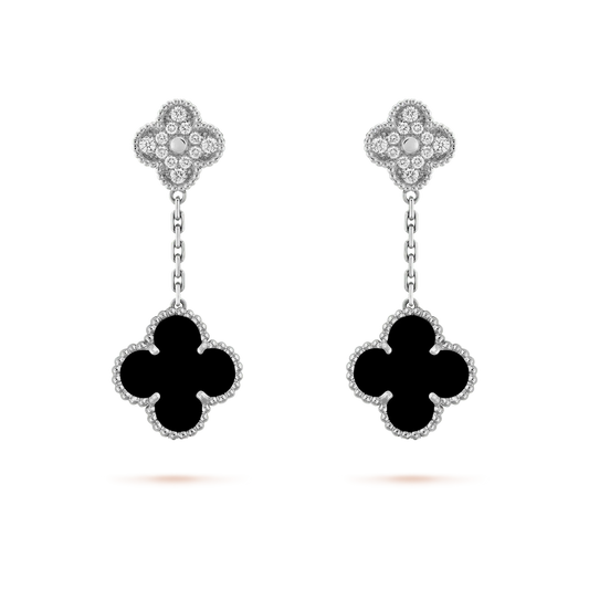 [⭐Mirelle]CLOVER 2 MOTIFS  DIAMOND ONYX EARRINGS SILVER