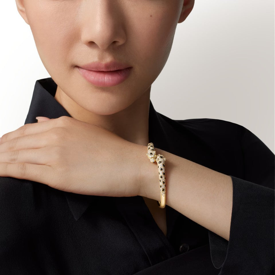 [⭐Mirelle]PANTHERE DOUBLE HEADED HALF DIAMOND OPEN BRACELET