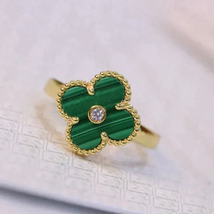 [⭐Mirelle]CLOVER MALACHITE RING GOLD DIAMOND