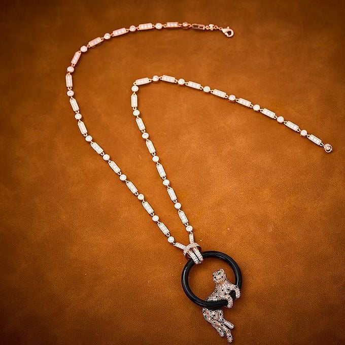 [⭐Mirelle jewelrys]NEW BLACK CIRCLE PANTHER FULL DIAMOND NECKLACE