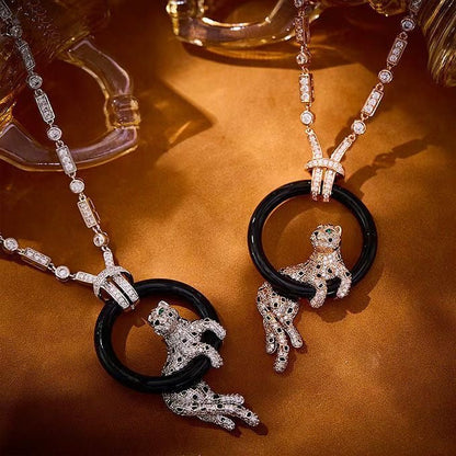 [⭐Mirelle jewelrys]NEW BLACK CIRCLE PANTHER FULL DIAMOND NECKLACE