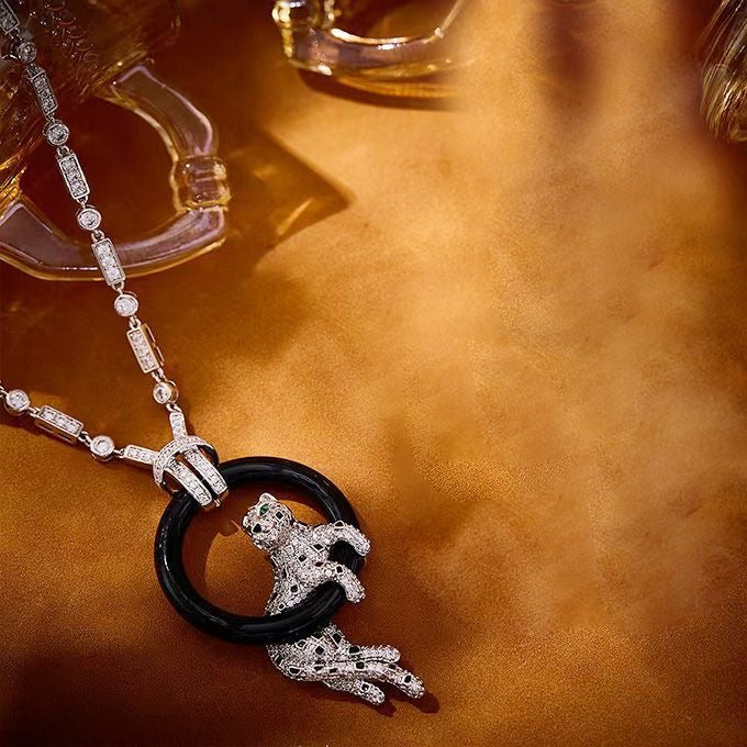 [⭐Mirelle jewelrys]NEW BLACK CIRCLE PANTHER FULL DIAMOND NECKLACE