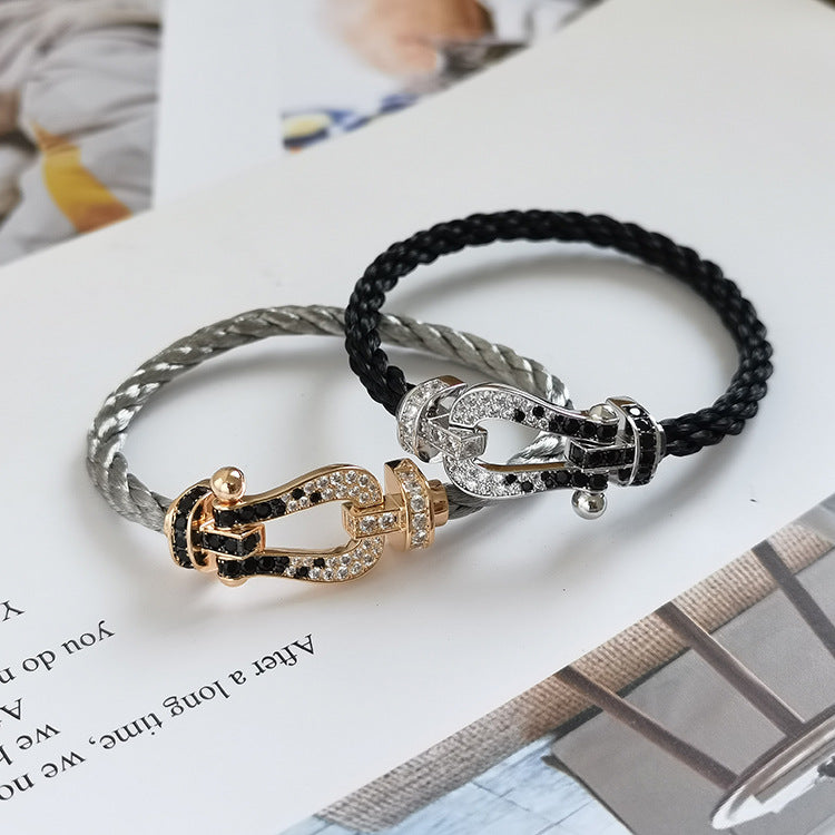 [⭐Mirelle]FORCE LARGE HORSESHOE BLACK WHITE DIAMOND BRACELET SILVER