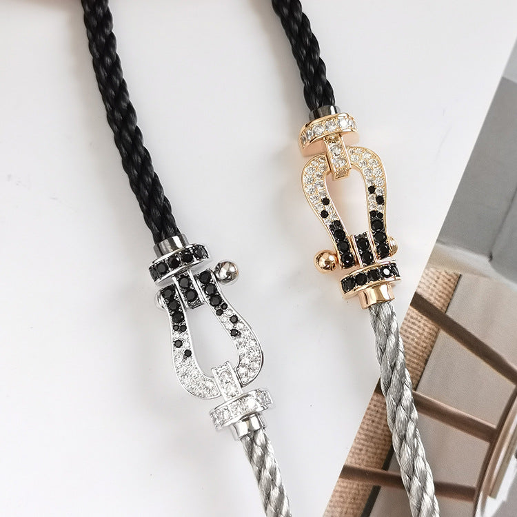 [⭐Mirelle]FORCE LARGE HORSESHOE BLACK WHITE DIAMOND BRACELET SILVER