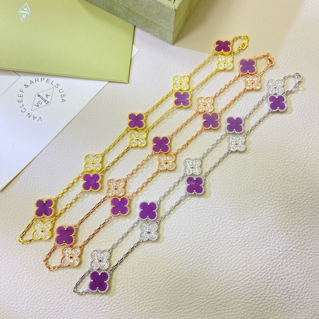 [⭐Mirelle Jewelry]CLOVER 10 MOTIFS  PURPLE VIOLET DIAMOND NECKLACE