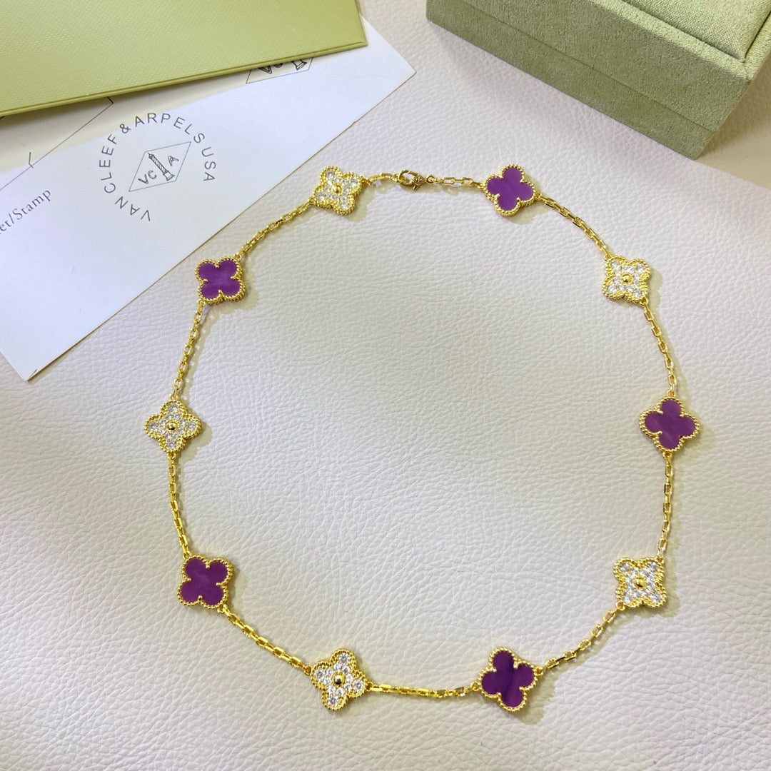 [⭐Mirelle Jewelry]CLOVER 10 MOTIFS  PURPLE VIOLET DIAMOND NECKLACE