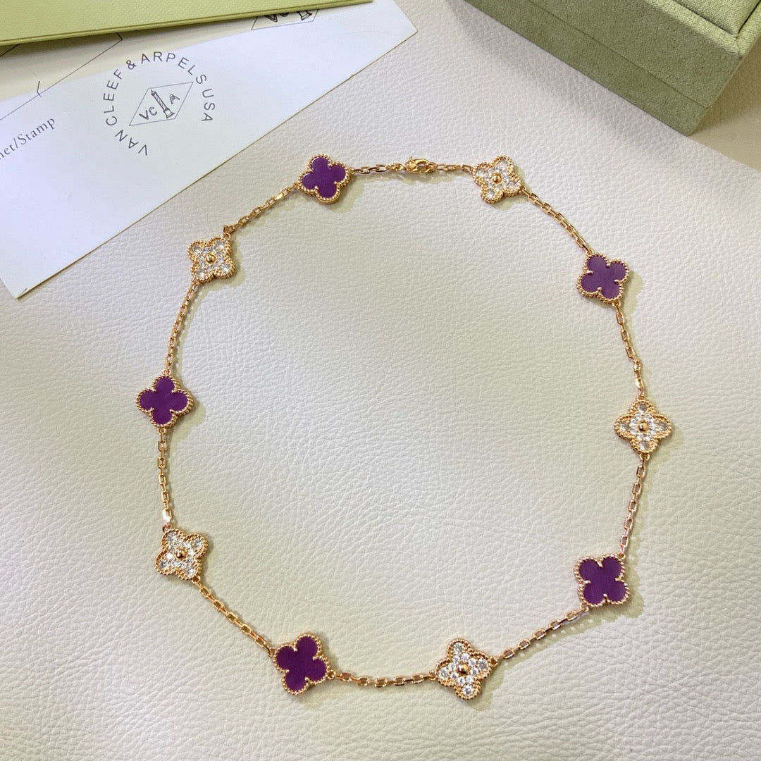 [⭐Mirelle Jewelry]CLOVER 10 MOTIFS  PURPLE VIOLET DIAMOND NECKLACE