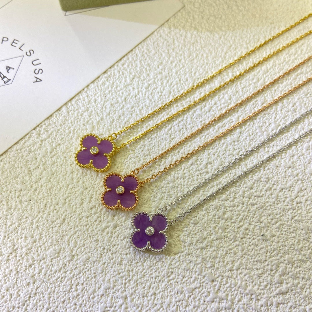 [⭐Mirelle Jewelry]CLOVER 15MM DIAMOND  PURPLE VIOLET NECKLACE