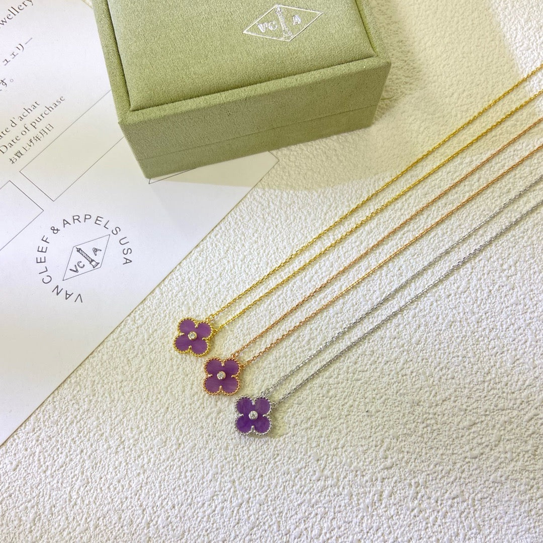 [⭐Mirelle Jewelry]CLOVER 15MM DIAMOND  PURPLE VIOLET NECKLACE