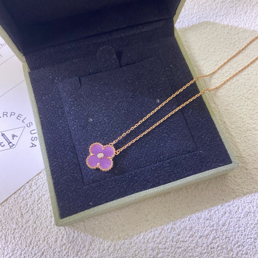 [⭐Mirelle Jewelry]CLOVER 15MM DIAMOND  PURPLE VIOLET NECKLACE