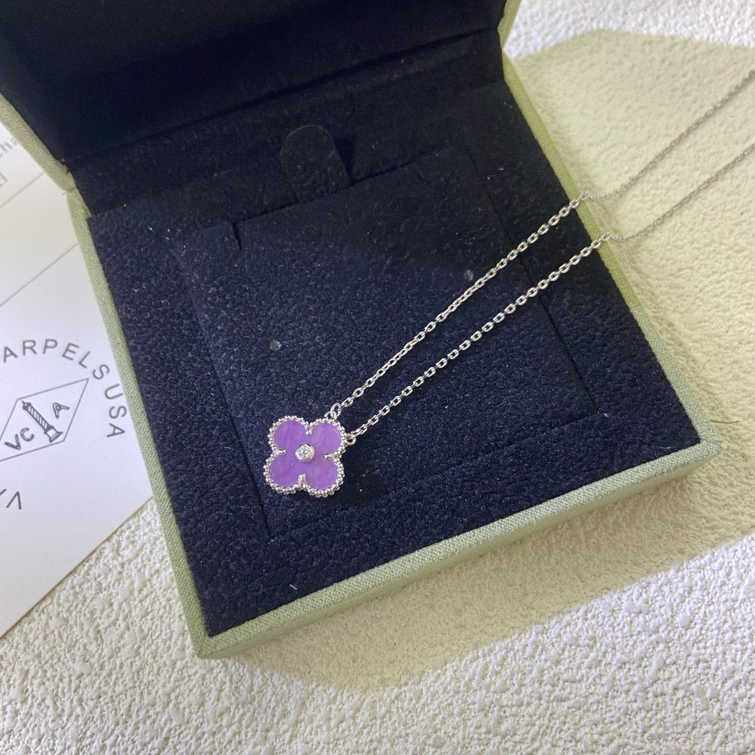 [⭐Mirelle Jewelry]CLOVER 15MM DIAMOND  PURPLE VIOLET NECKLACE