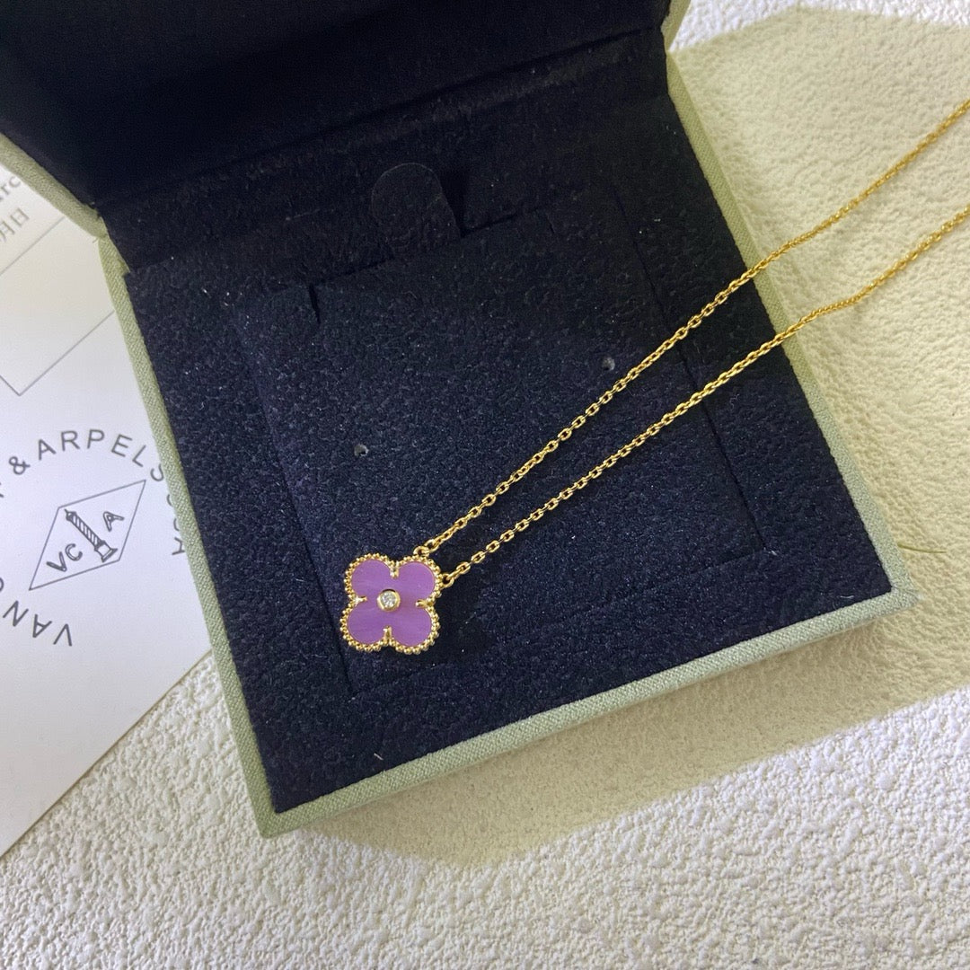[⭐Mirelle Jewelry]CLOVER 15MM DIAMOND  PURPLE VIOLET NECKLACE
