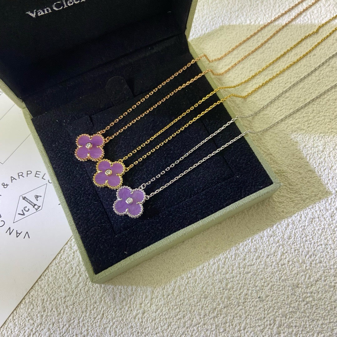[⭐Mirelle Jewelry]CLOVER 15MM DIAMOND  PURPLE VIOLET NECKLACE