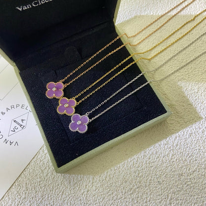 [⭐Mirelle Jewelry]CLOVER 15MM DIAMOND  PURPLE VIOLET NECKLACE