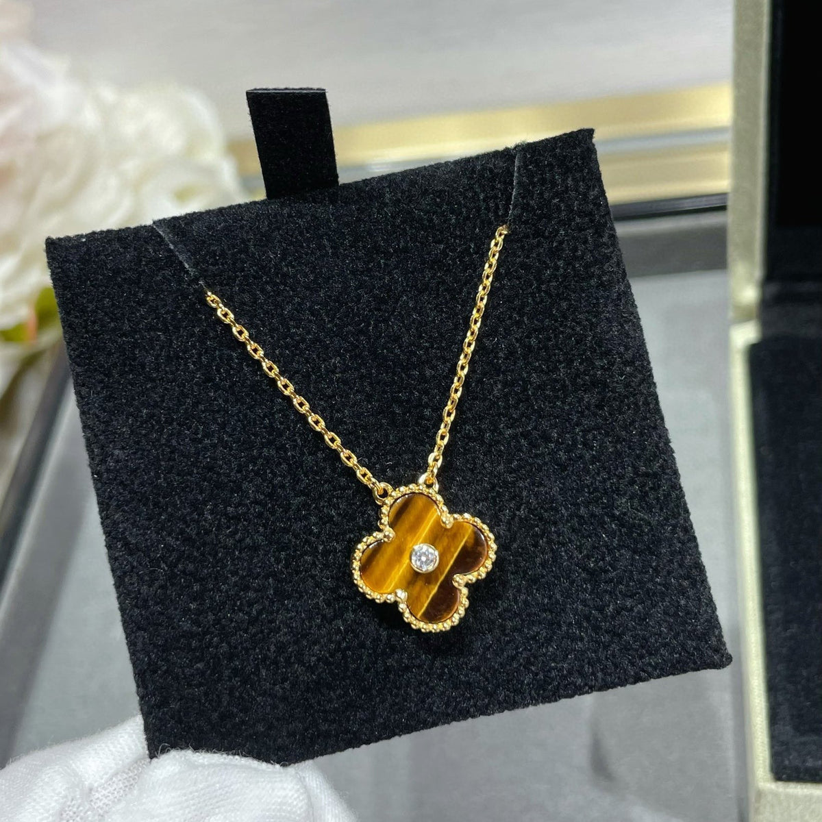 [⭐Mirelle]CLOVER 15MM DIAMOND AND YELLOW TIGER'S EYE AGATE necklace