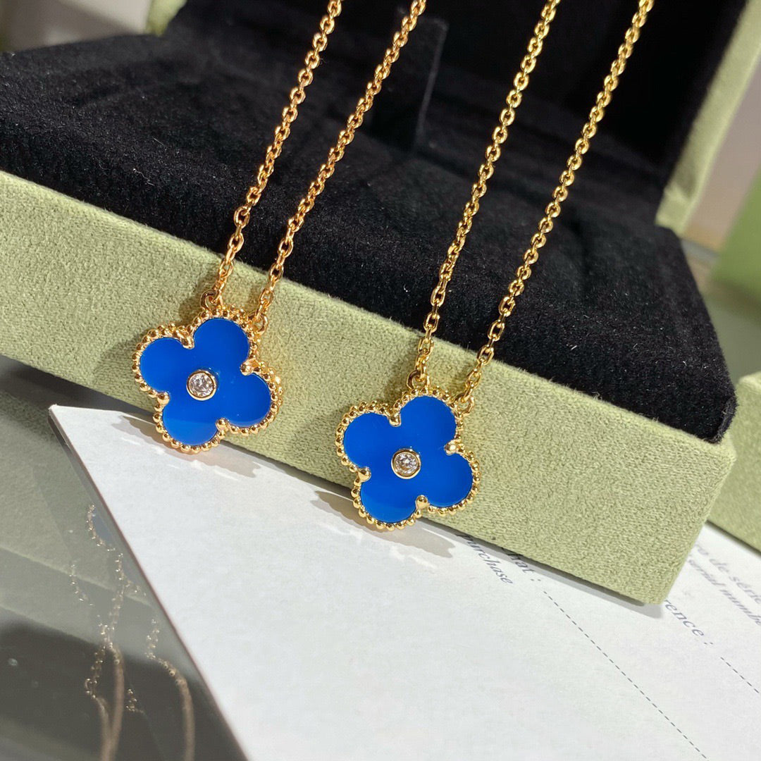 [⭐Mirelle]CLOVER 15MM DIAMOND AND BLUE AGATE NECKLACE
