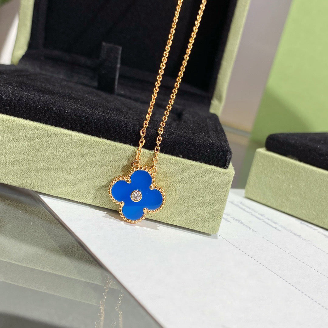 [⭐Mirelle]CLOVER 15MM DIAMOND AND BLUE AGATE NECKLACE