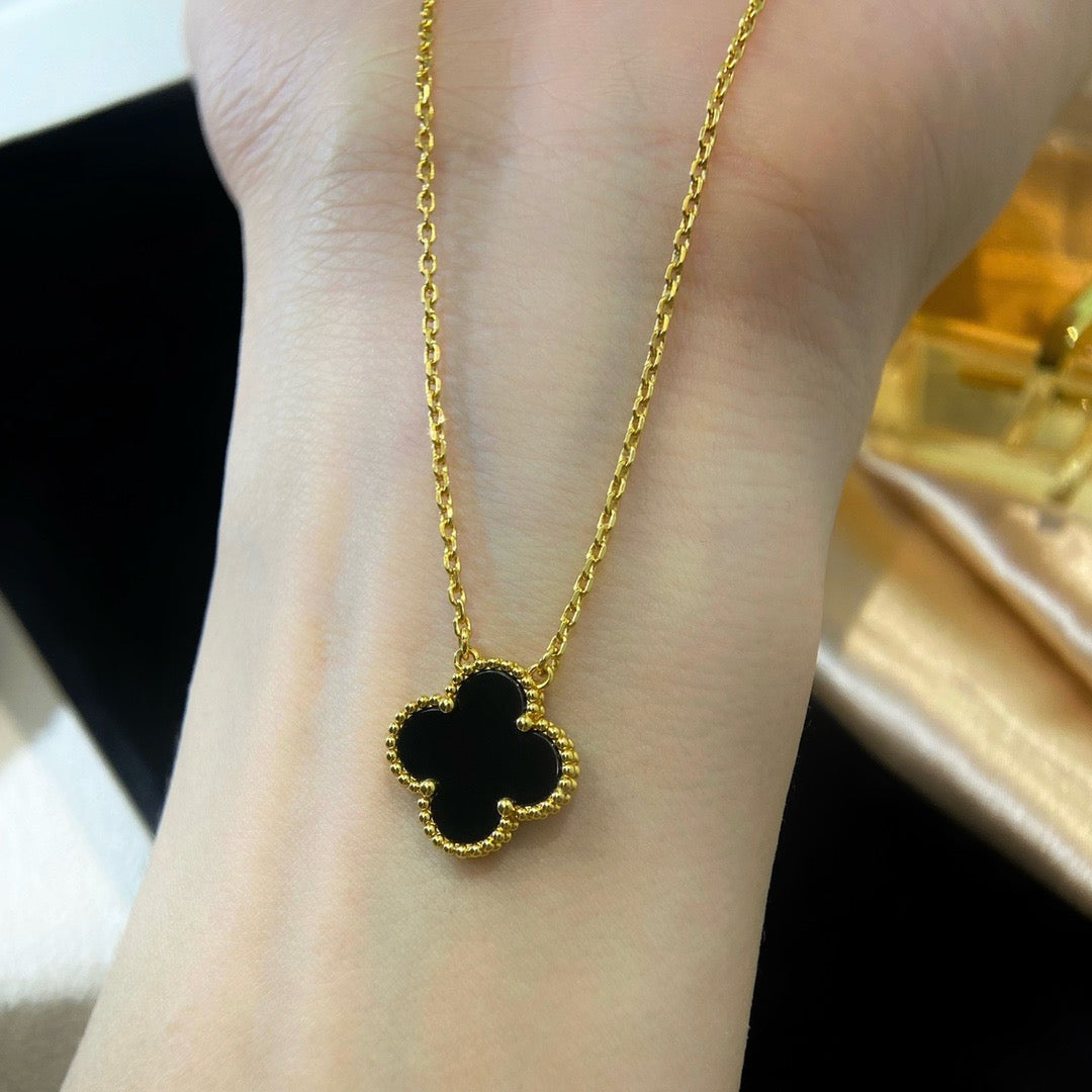[⭐Mirelle]CLOVER 15MM BLACK ONYX SINGLE FLOWER NECKLACE