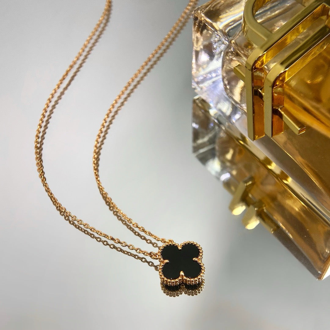 [⭐Mirelle]CLOVER 15MM BLACK ONYX SINGLE FLOWER NECKLACE