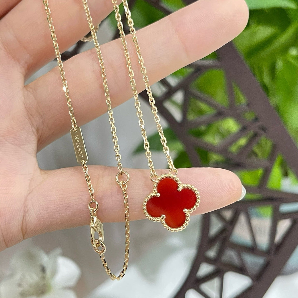 [⭐Mirelle]CLOVER 15MM CARNELIAN SINGLE FLOWER NECKLACE