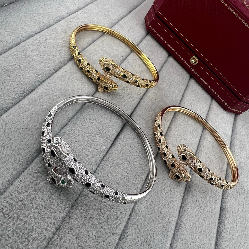 [⭐Mirelle]PANTHERE DOUBLE HEADED HALF DIAMOND OPEN BRACELET