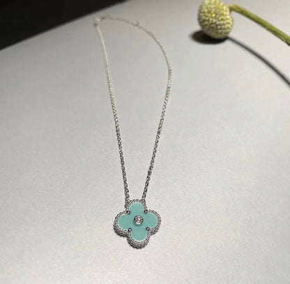 [⭐Mirelle]CLOVER 1 DIAMOND LIGHT BLUE SILVER NECKLACE