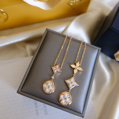 [⭐Mirelle]COLOR BLOSSOM LARIAT NECKLACE PINK GOLD WHITE MOTHER PEARL AND DIAMOND