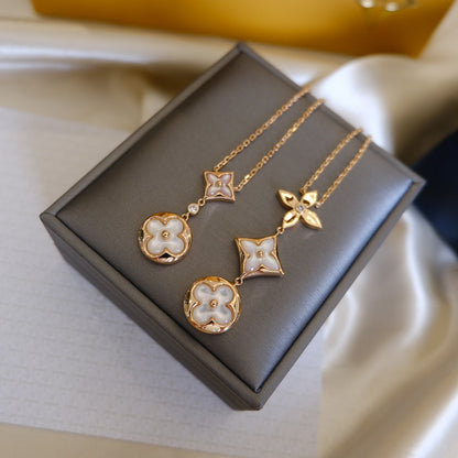 [⭐Mirelle]COLOR BLOSSOM LARIAT NECKLACE PINK GOLD WHITE MOTHER PEARL AND DIAMOND