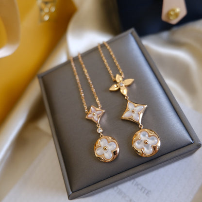 [⭐Mirelle]COLOR BLOSSOM LARIAT NECKLACE PINK GOLD WHITE MOTHER PEARL AND DIAMOND