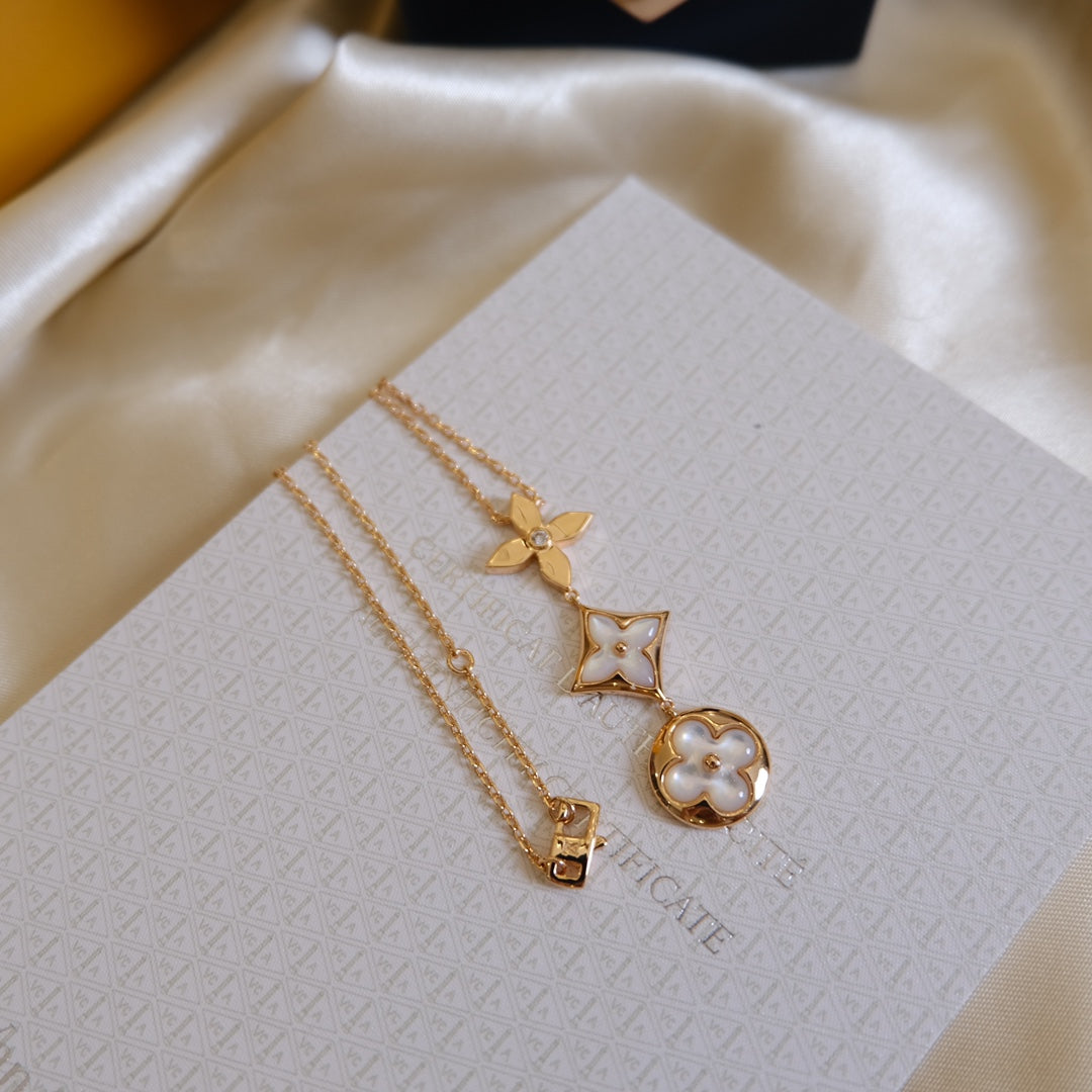[⭐Mirelle]COLOR BLOSSOM LARIAT NECKLACE PINK GOLD WHITE MOTHER PEARL AND DIAMOND