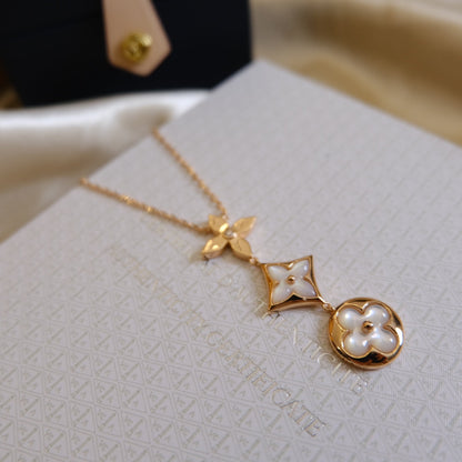 [⭐Mirelle]COLOR BLOSSOM LARIAT NECKLACE PINK GOLD WHITE MOTHER PEARL AND DIAMOND