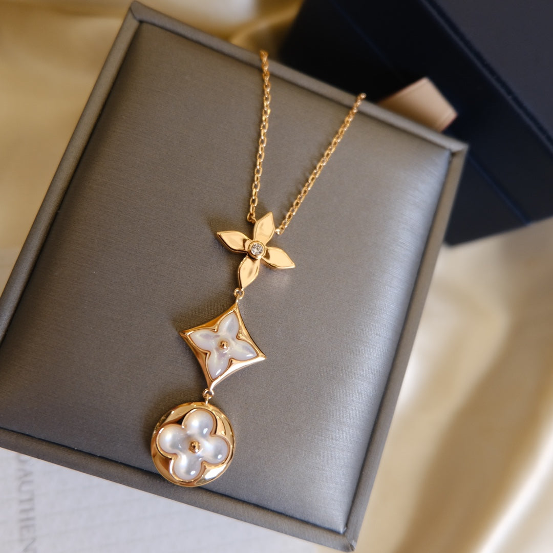 [⭐Mirelle]COLOR BLOSSOM LARIAT NECKLACE PINK GOLD WHITE MOTHER PEARL AND DIAMOND