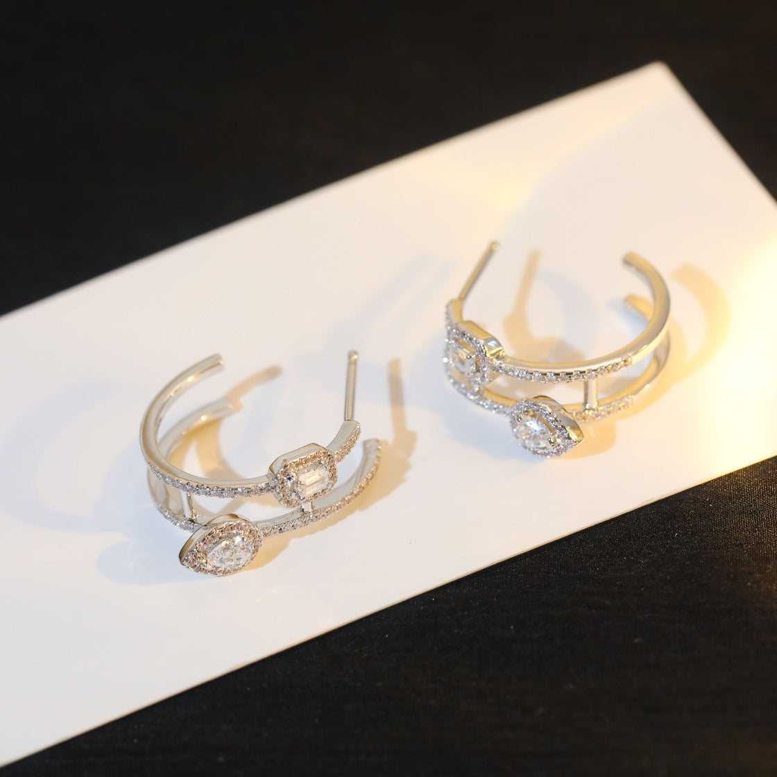 [⭐Mirelle]CREOLES MY TWIN 2 RANGS SILVER DIAMOND EARRINGS