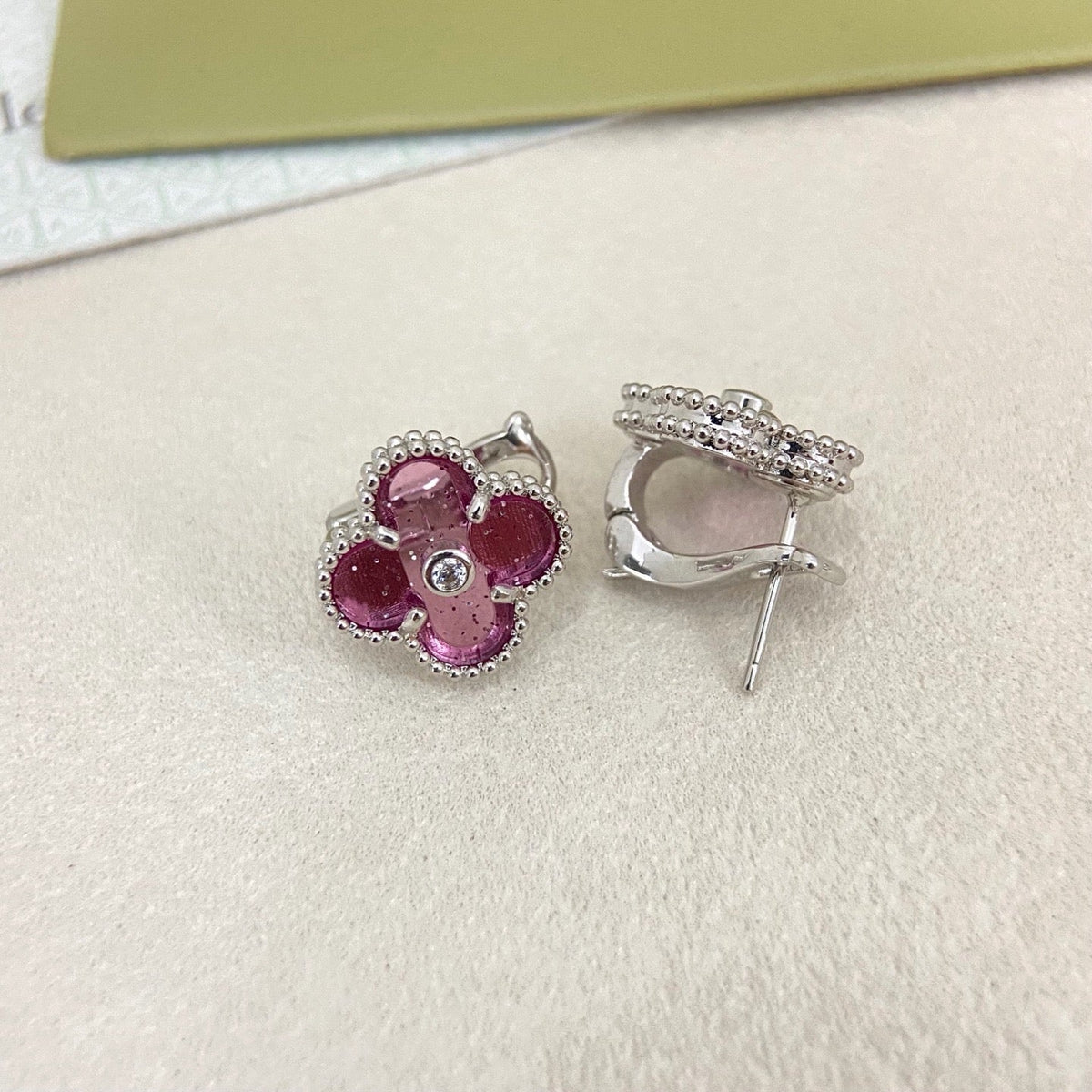[⭐Mirelle]2026 NEW  CLOVER 1 MOTIFPINK ENAMEL STUD EARRINGS WITH DIAMONDS2