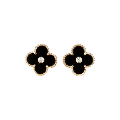 [⭐Mirelle]CLOVER MEDIUM 1 MOTIFS ONYX DIAMOND EARRINGS