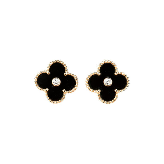 [⭐Mirelle]CLOVER MEDIUM 1 MOTIFS ONYX DIAMOND EARRINGS
