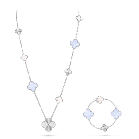 [⭐Mirelle]DETACHABLE CLOVER 15(11+4) FLOWER SILVER NECKLACE SET