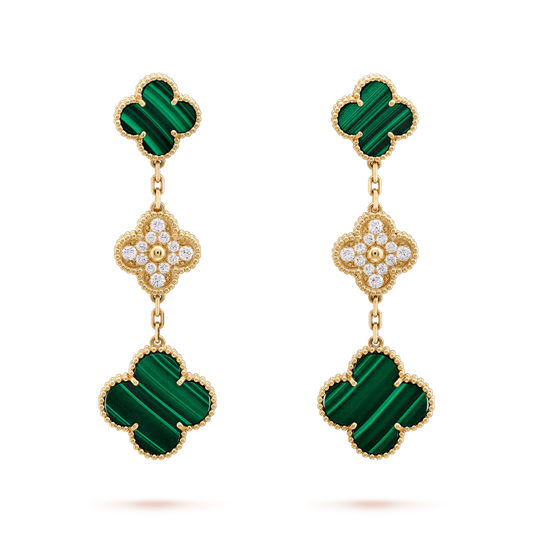 [⭐Mirelle]CLOVER EARRINGS GOLD MALACHITE DIAMOND 3 MOTIF
