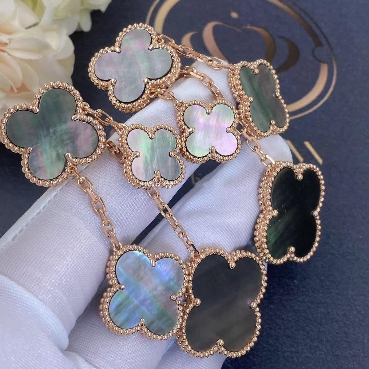 [⭐Mirelle]CLOVER EARRINGS DARK MOP 4 MOTIFS ROSE GOLD