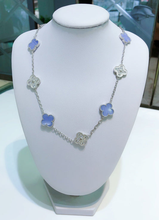 [⭐Mirelle]CLOVER 10 MOTIFS CHALCEDONY DIAMONDS SILVER NECKLACE
