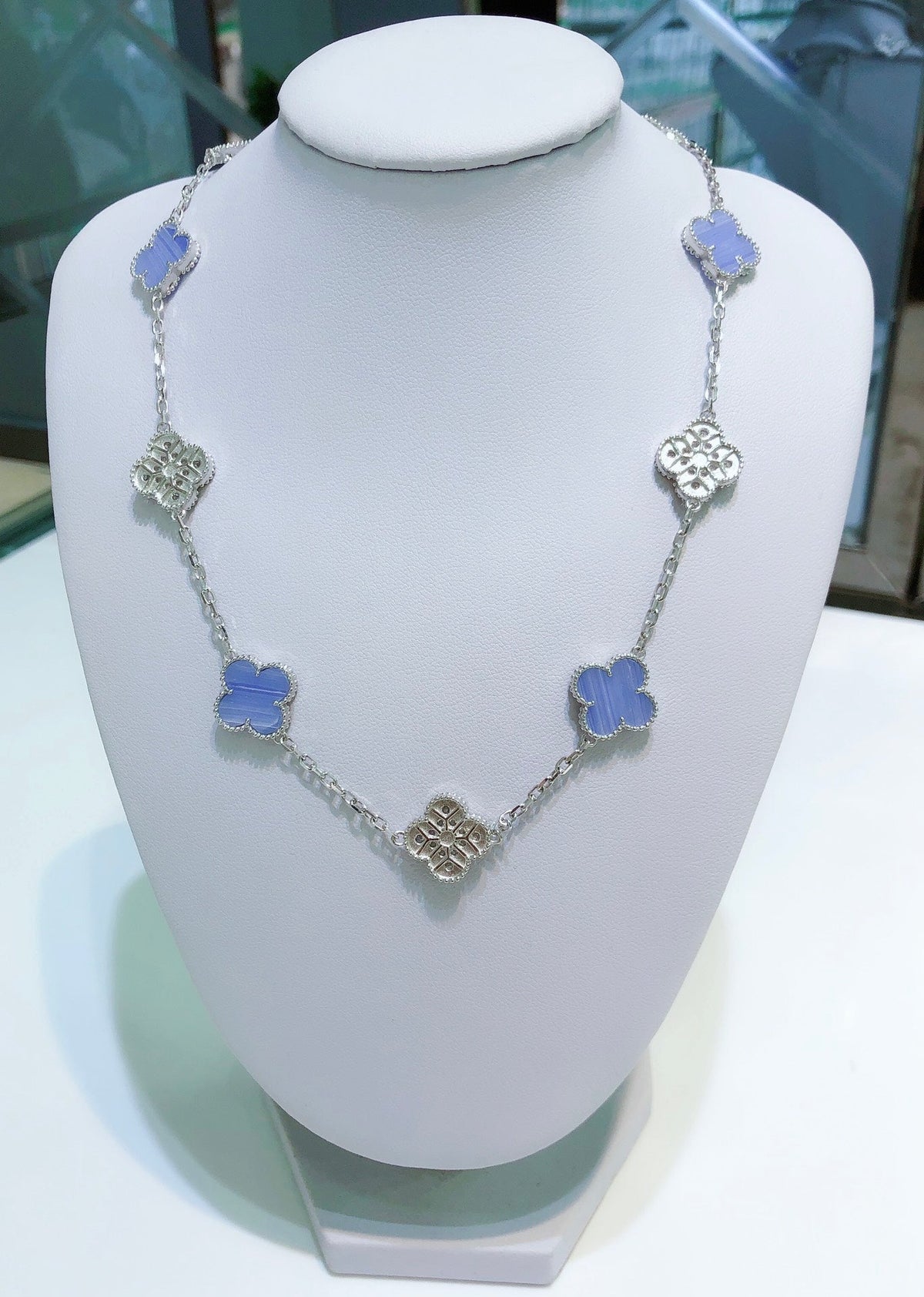 [⭐Mirelle]CLOVER 10 MOTIFS CHALCEDONY DIAMONDS SILVER NECKLACE