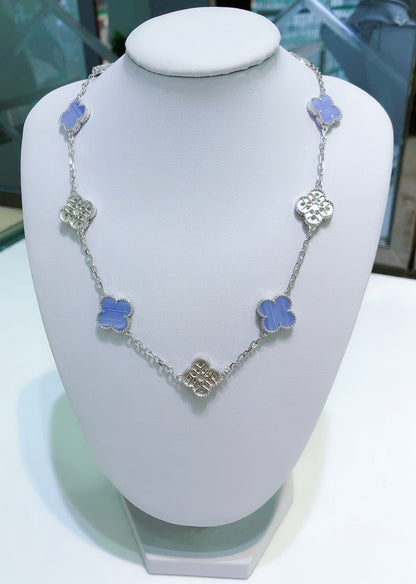 [⭐Mirelle]CLOVER 10 MOTIFS CHALCEDONY DIAMONDS SILVER NECKLACE