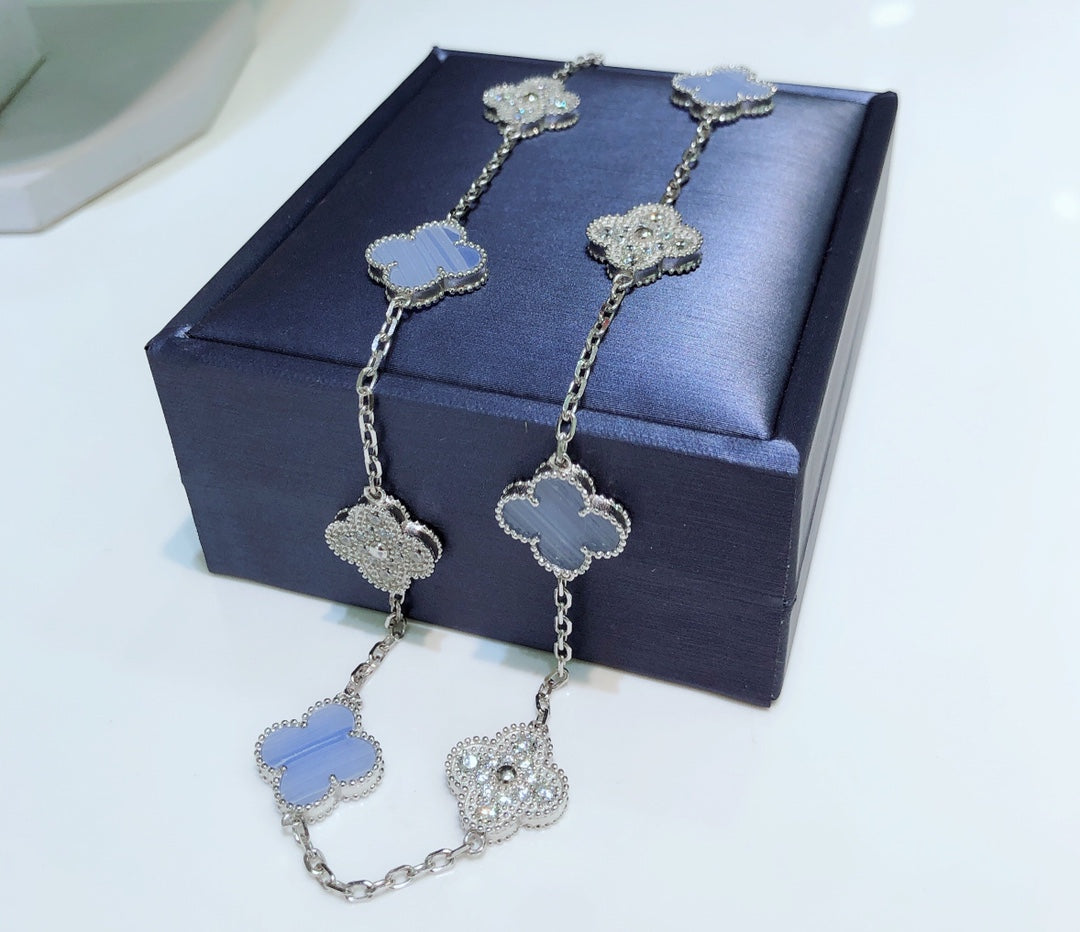 [⭐Mirelle]CLOVER 10 MOTIFS CHALCEDONY DIAMONDS SILVER NECKLACE