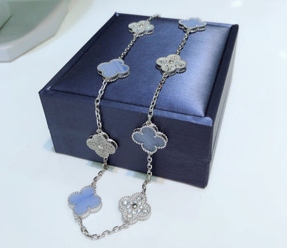 [⭐Mirelle]CLOVER 10 MOTIFS CHALCEDONY DIAMONDS SILVER NECKLACE