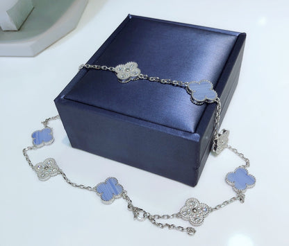 [⭐Mirelle]CLOVER 10 MOTIFS CHALCEDONY DIAMONDS SILVER NECKLACE