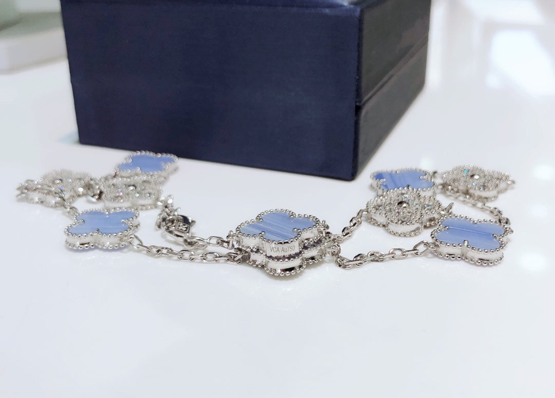 [⭐Mirelle]CLOVER 10 MOTIFS CHALCEDONY DIAMONDS SILVER NECKLACE