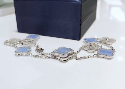 [⭐Mirelle]CLOVER 10 MOTIFS CHALCEDONY DIAMONDS SILVER NECKLACE